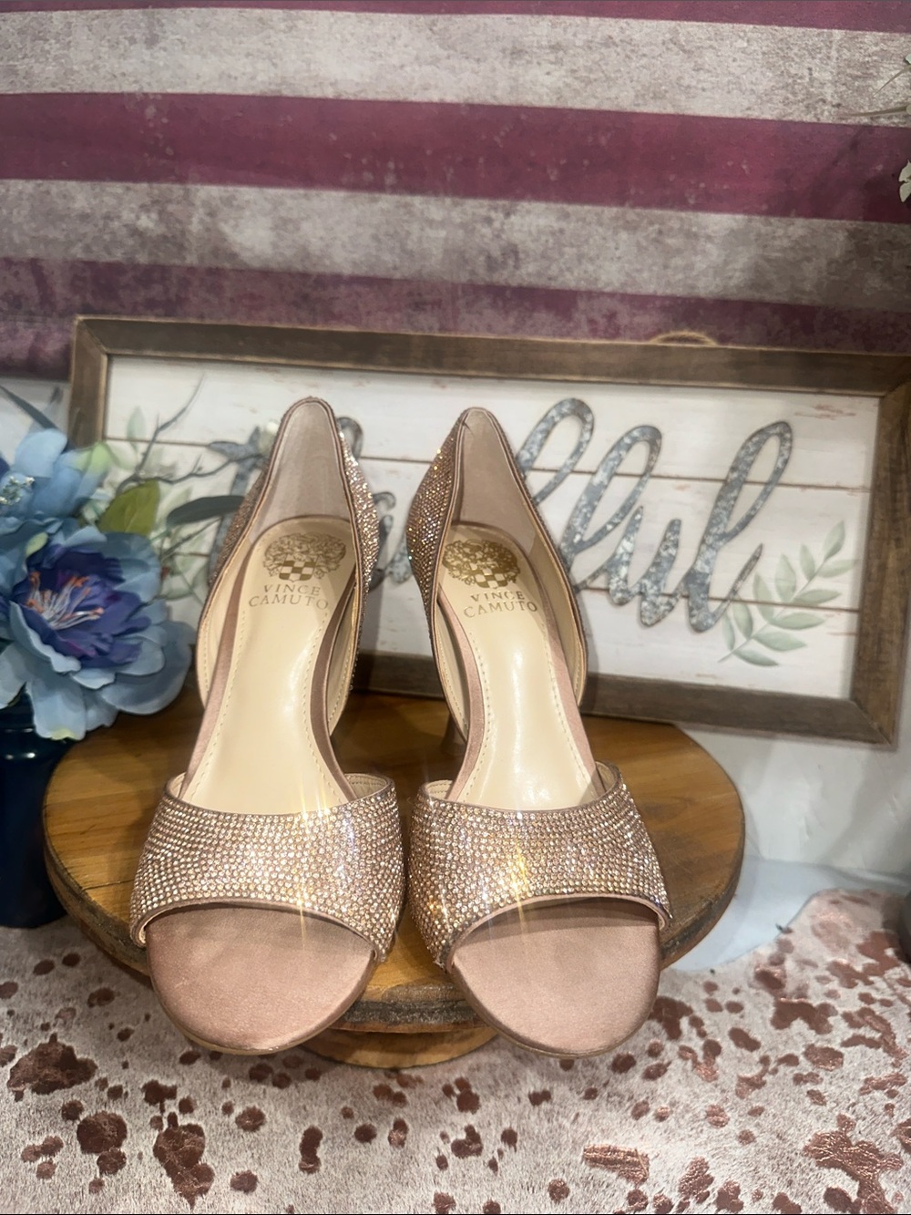 NWOT Vince Camuto Rose Gold Crystal Open-Toe Heels - Picture 1 of 8
